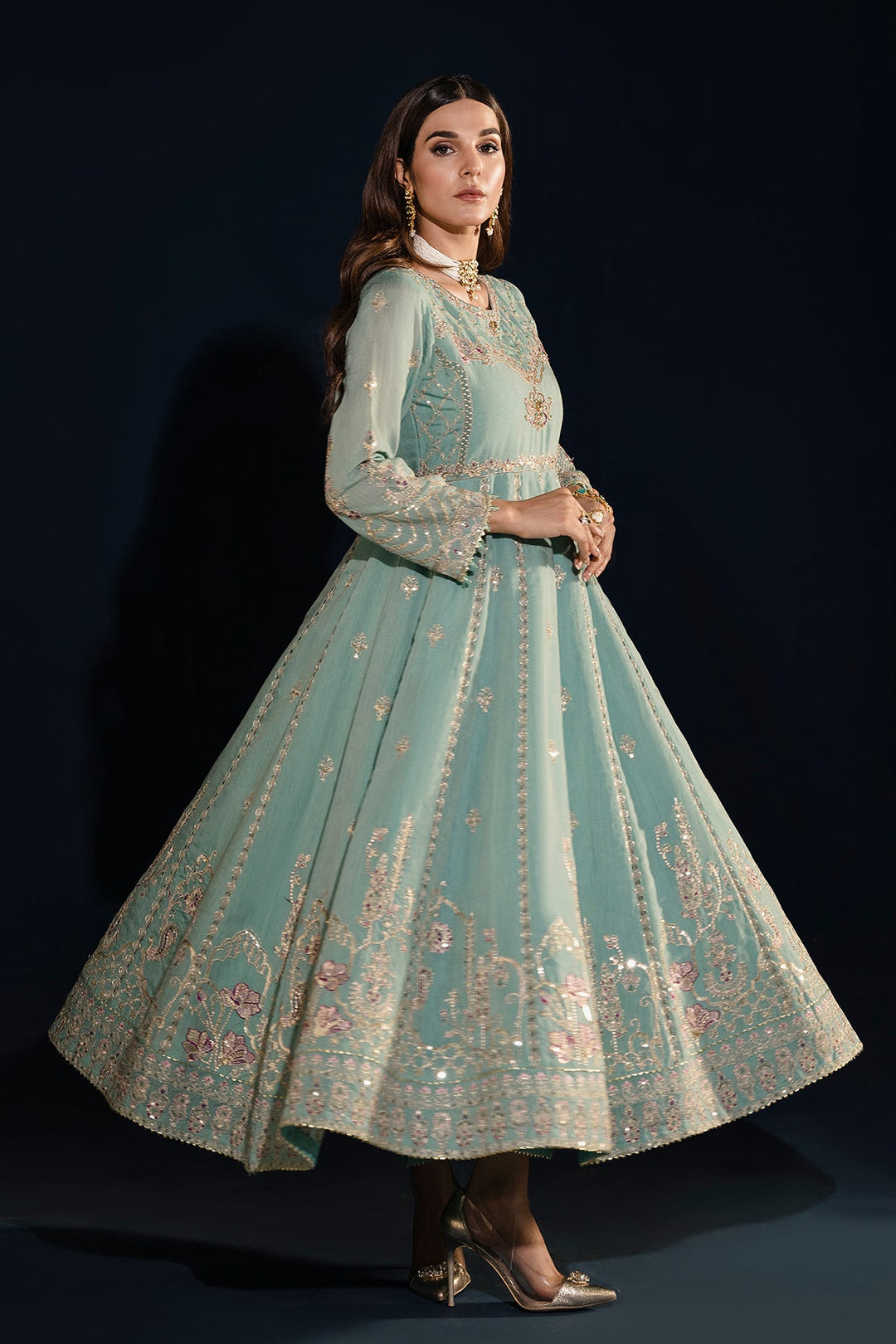 Aqua Blue Heavily Embellished Kalidar Frock Pakistani Party Dress