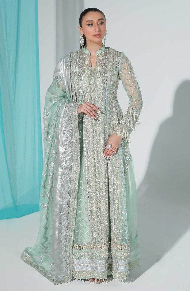 Aqua Blue Heavily Embellished Pakistani Pishwas Lehenga Wedding Wear