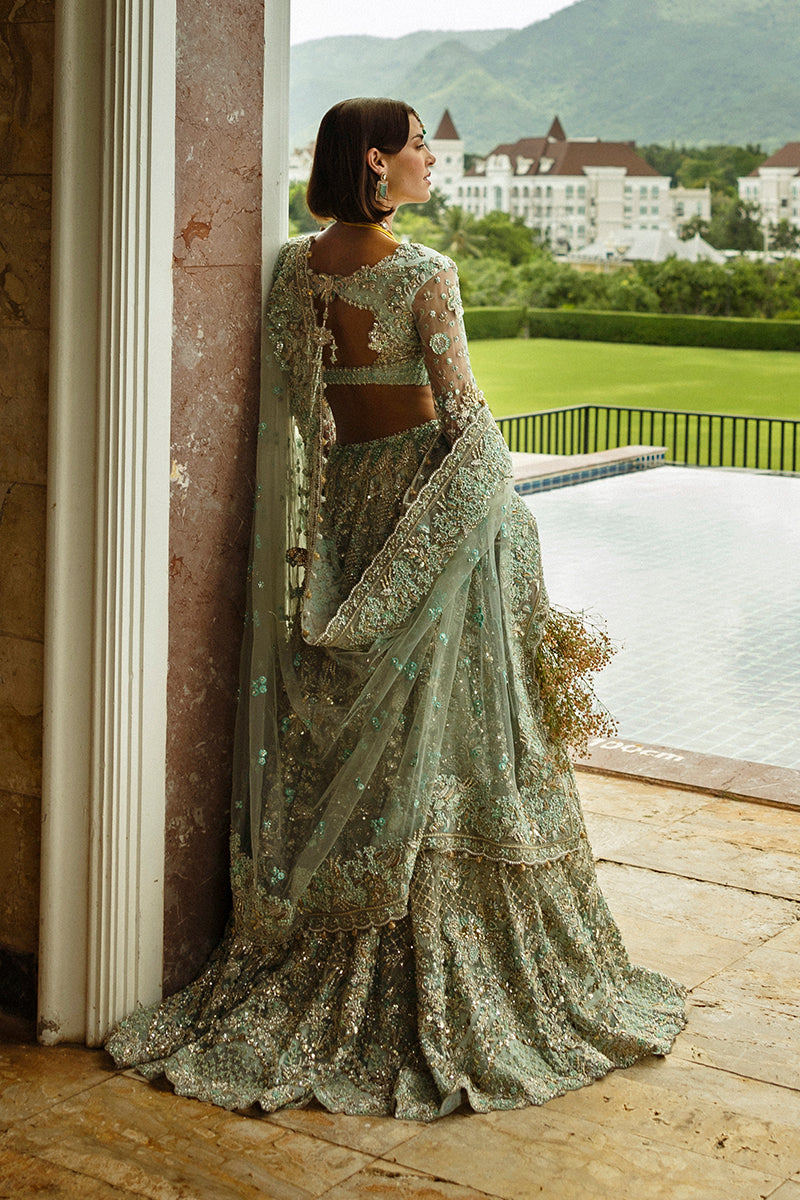 aqua green wedding dresses Net Lehenga Choli Pakistani Bridal Dress – Nameera by Farooq side panel detailing