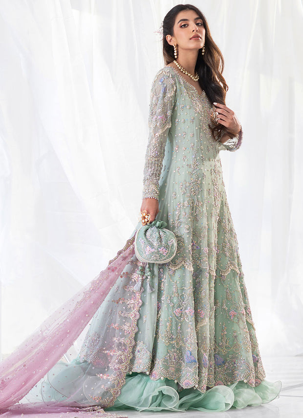 Aqua Blue Heavily Embellished Kalidaar Pakistani Bridal Dress