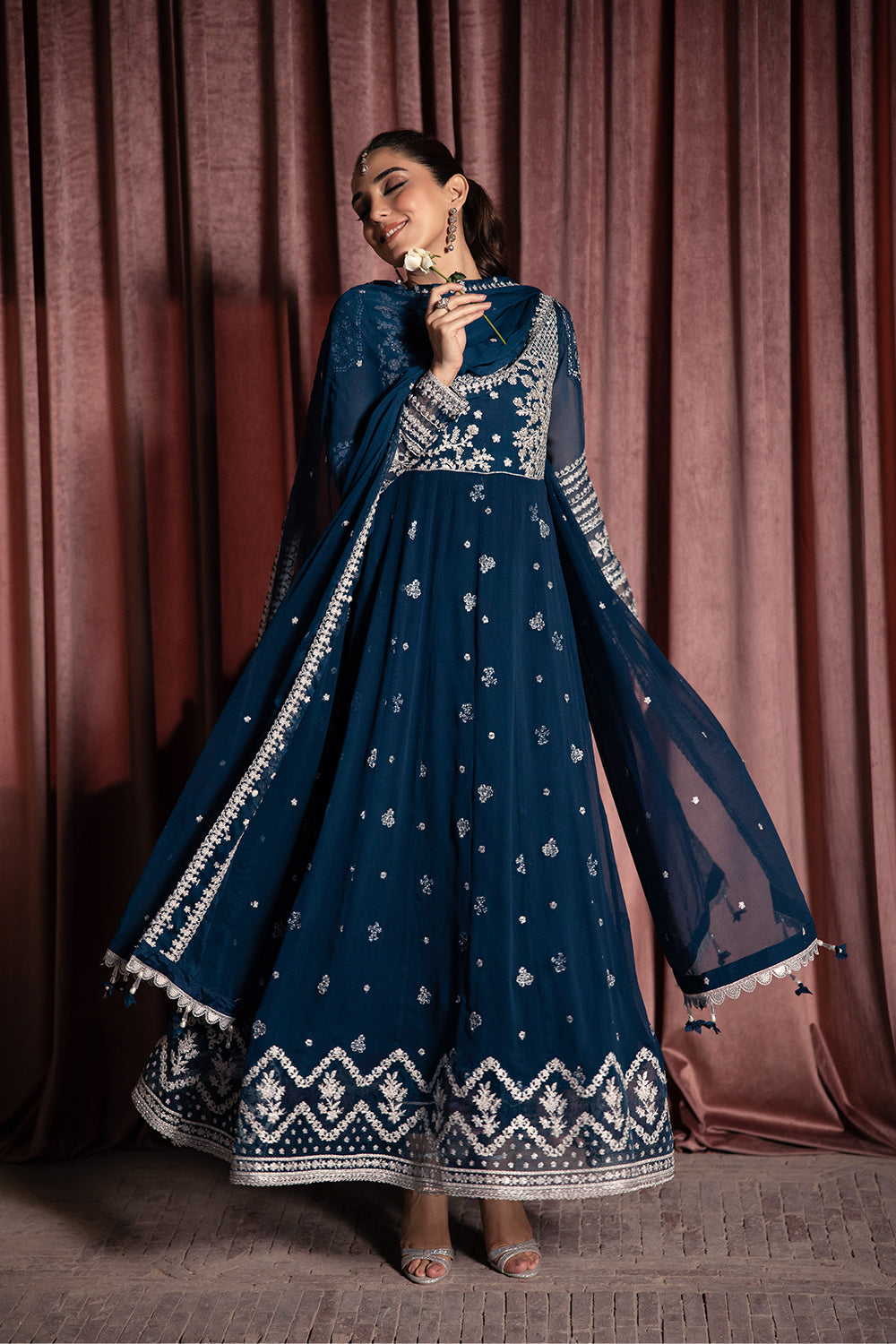 Elegant Teal Blue Hand Embellished Chiffon Pakistani Party Dress