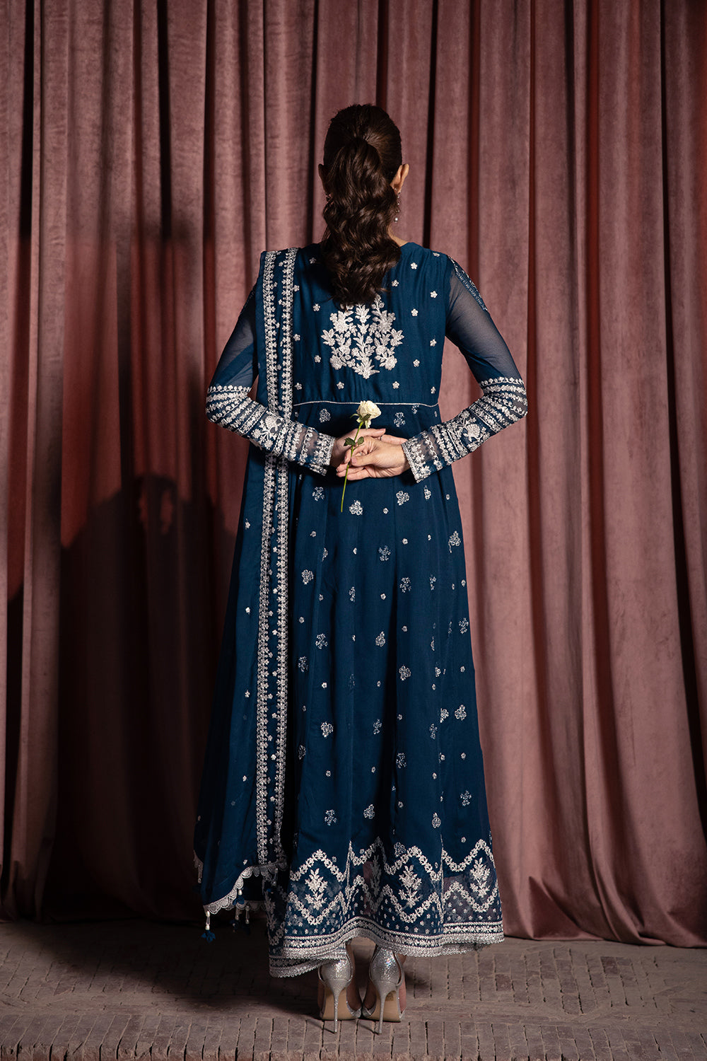 Elegant Teal Blue Hand Embellished Chiffon Pakistani Party Dress