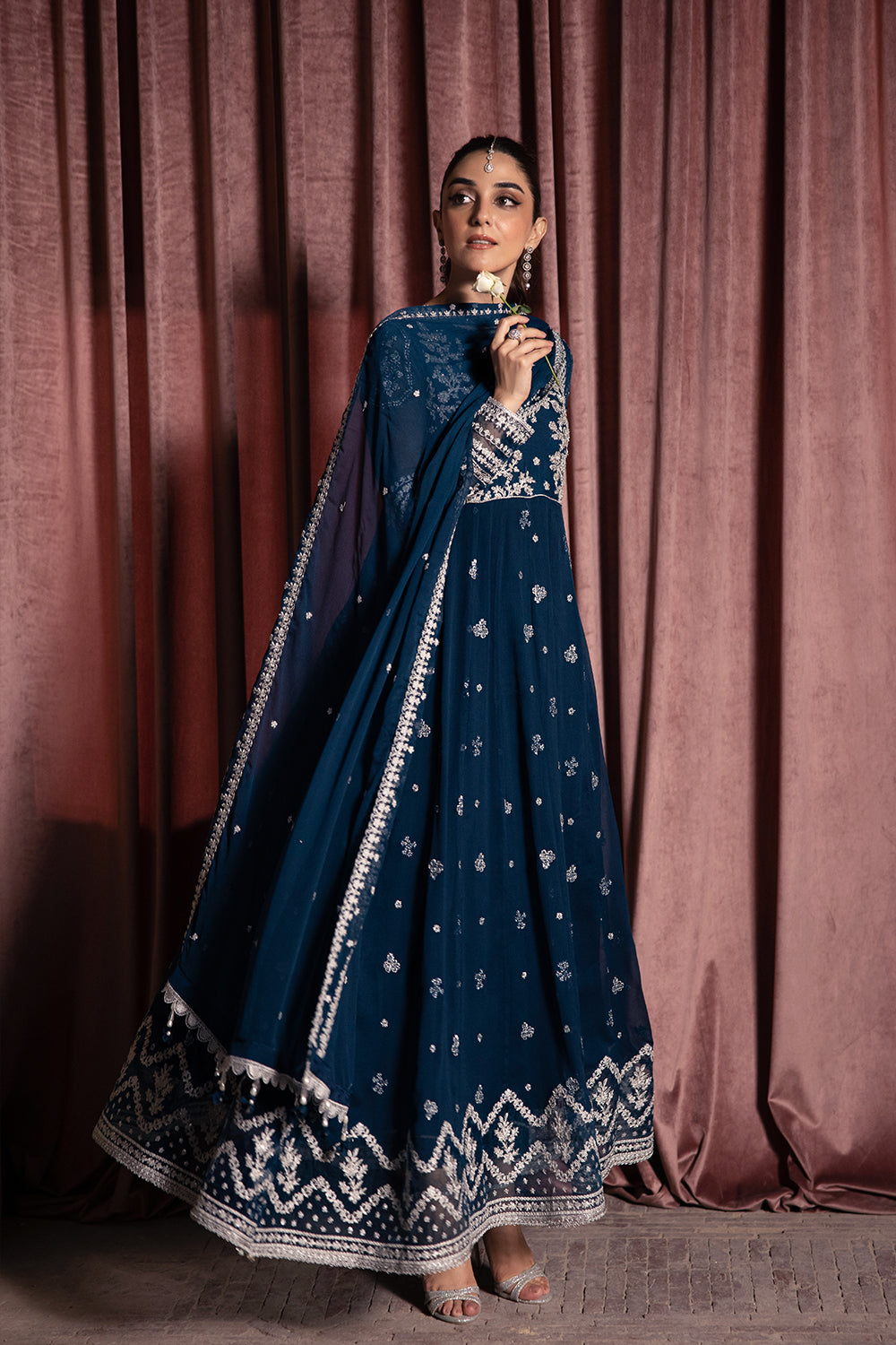 Elegant Teal Blue Hand Embellished Chiffon Pakistani Party Dress