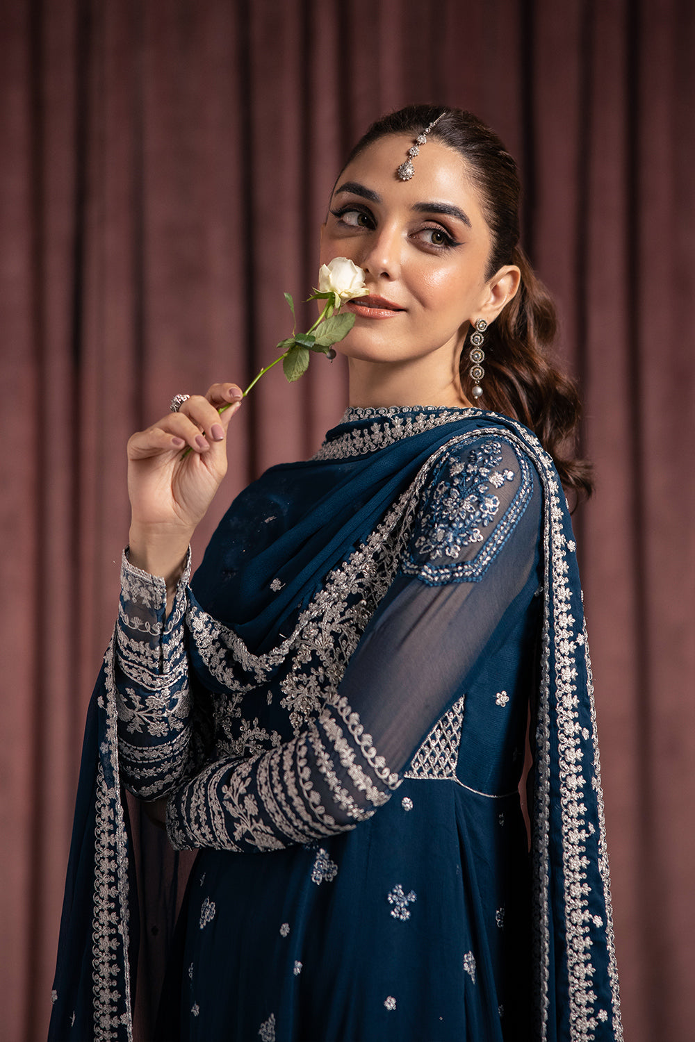 Elegant Teal Blue Hand Embellished Chiffon Pakistani Party Dress