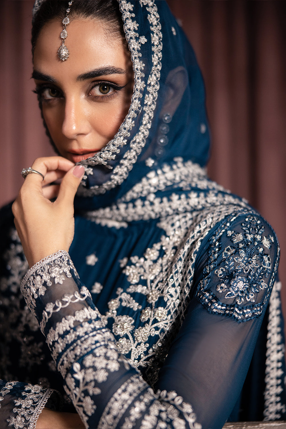 Elegant Teal Blue Hand Embellished Chiffon Pakistani Party Dress