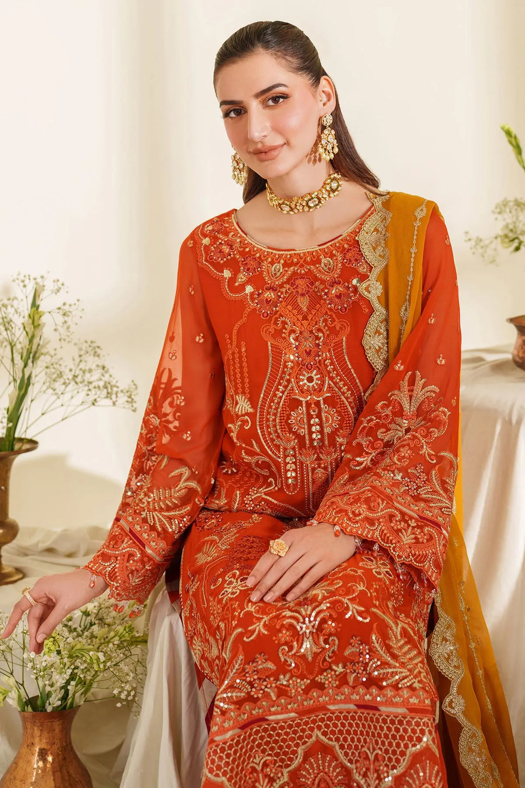 Embroidered Raw Silk Gown With Dupatta B2C7