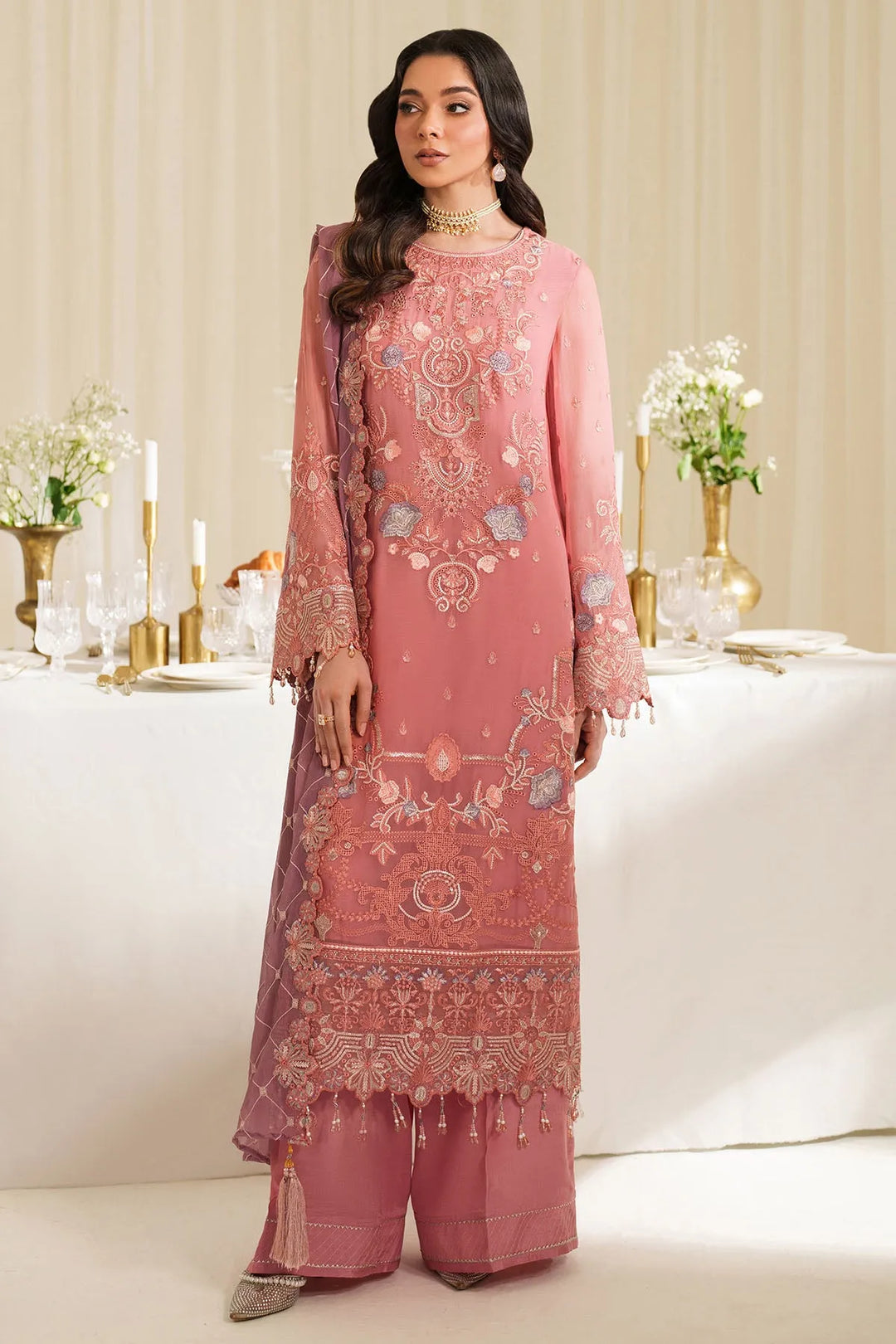 Embroidered Raw Silk Gown With Dupatta B2C7