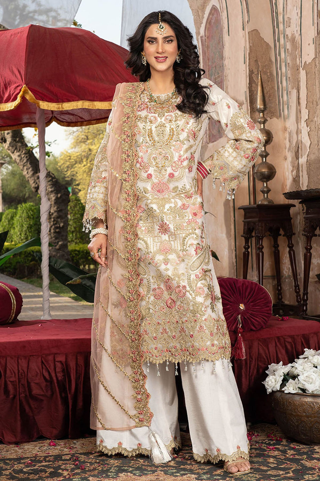 Dusty Pink Embroidered Raw Silk Dress Set