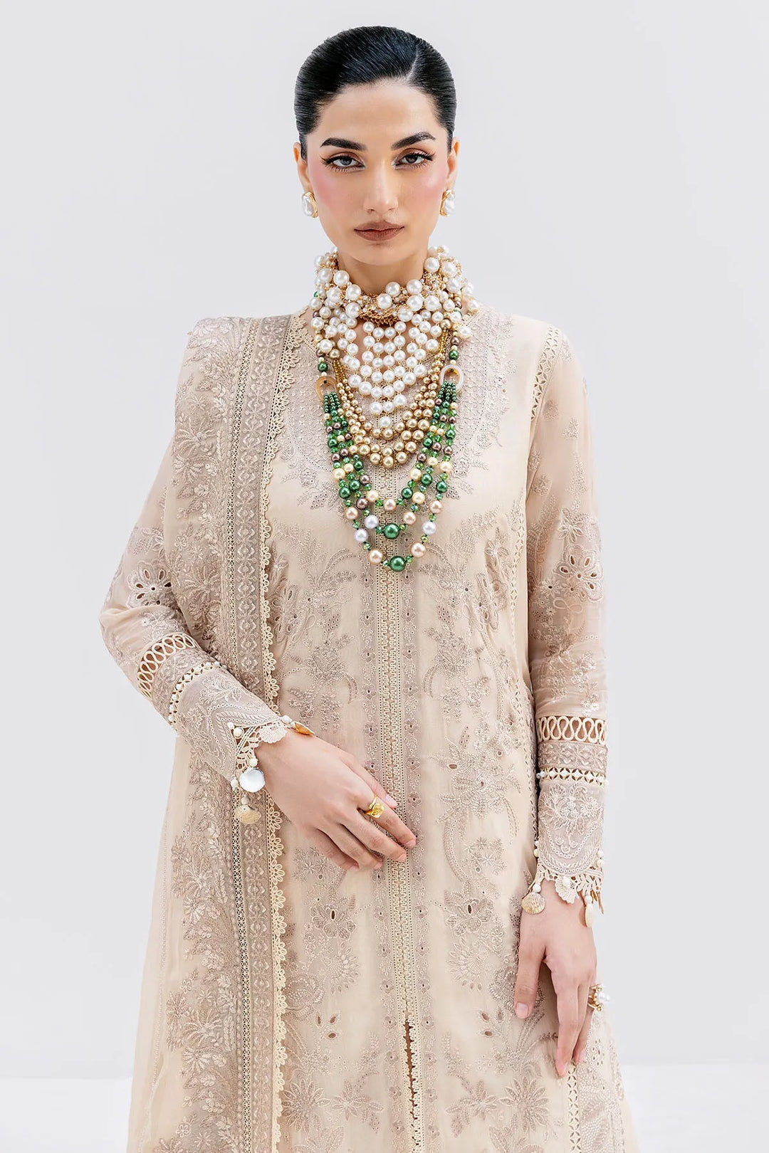 Off White Embroidered Georgette Dress Set