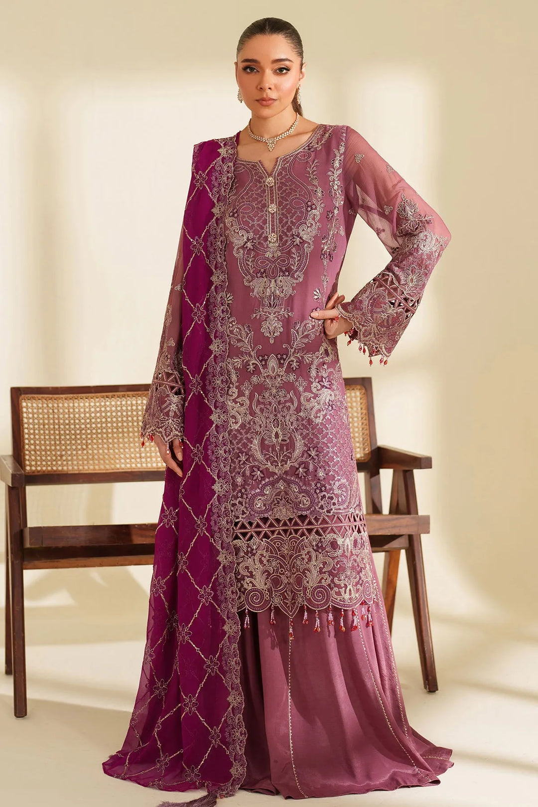 Embroidered Raw Silk Dress Set With Shawl