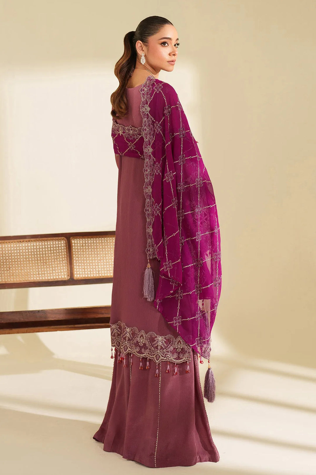Embroidered Raw Silk Dress Set With Shawl