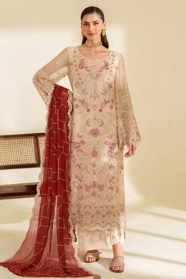 Beige Embroidered Raw Silk Dress Set