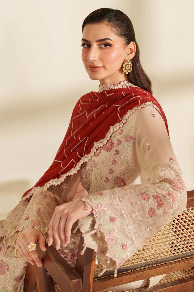 Beige Embroidered Raw Silk Dress Set