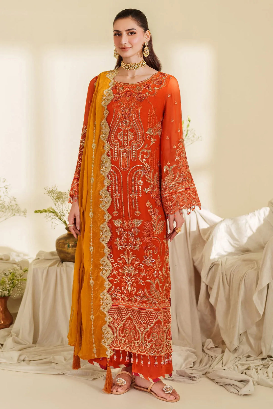 Embroidered Raw Silk Gown With Dupatta B2C7