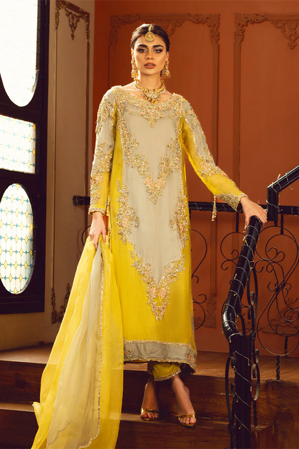 Elegant Sage and Jade Pakistani Party Dress with Gold Embroidery
