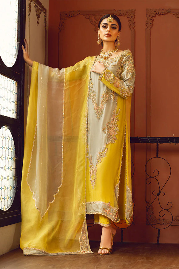 Elegant Sage and Jade Pakistani Party Dress with Gold Embroidery