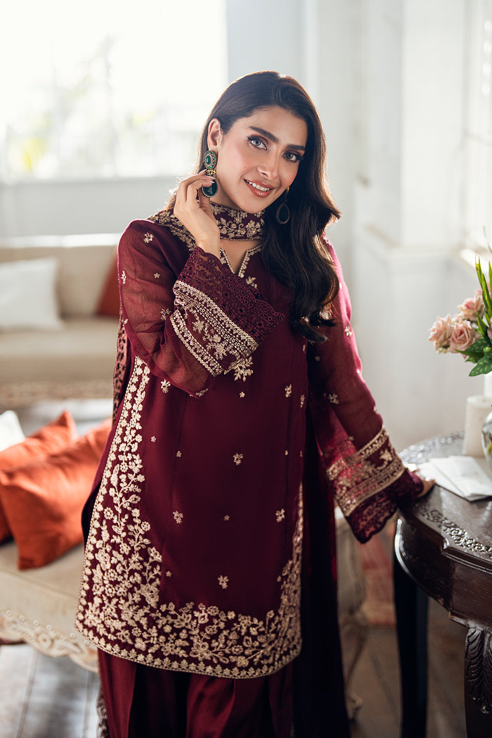 Elegant Burgundy Khadi Net Pakistani Party Dress with Dupatta