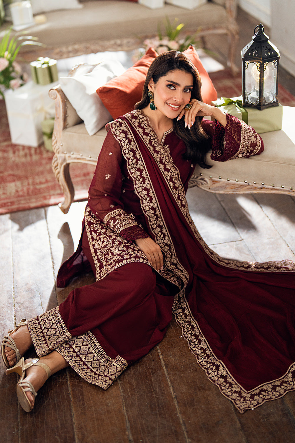 Elegant Burgundy Khadi Net Pakistani Party Dress with Dupatta