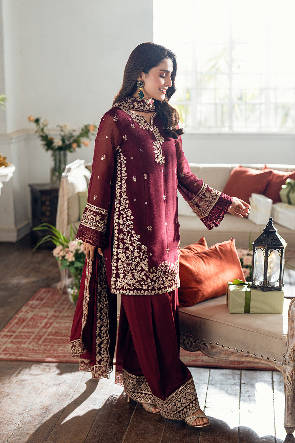 Elegant Burgundy Khadi Net Pakistani Party Dress with Dupatta