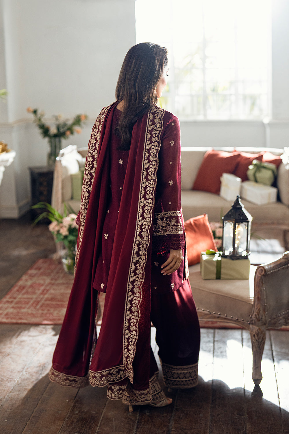 Elegant Burgundy Khadi Net Pakistani Party Dress with Dupatta