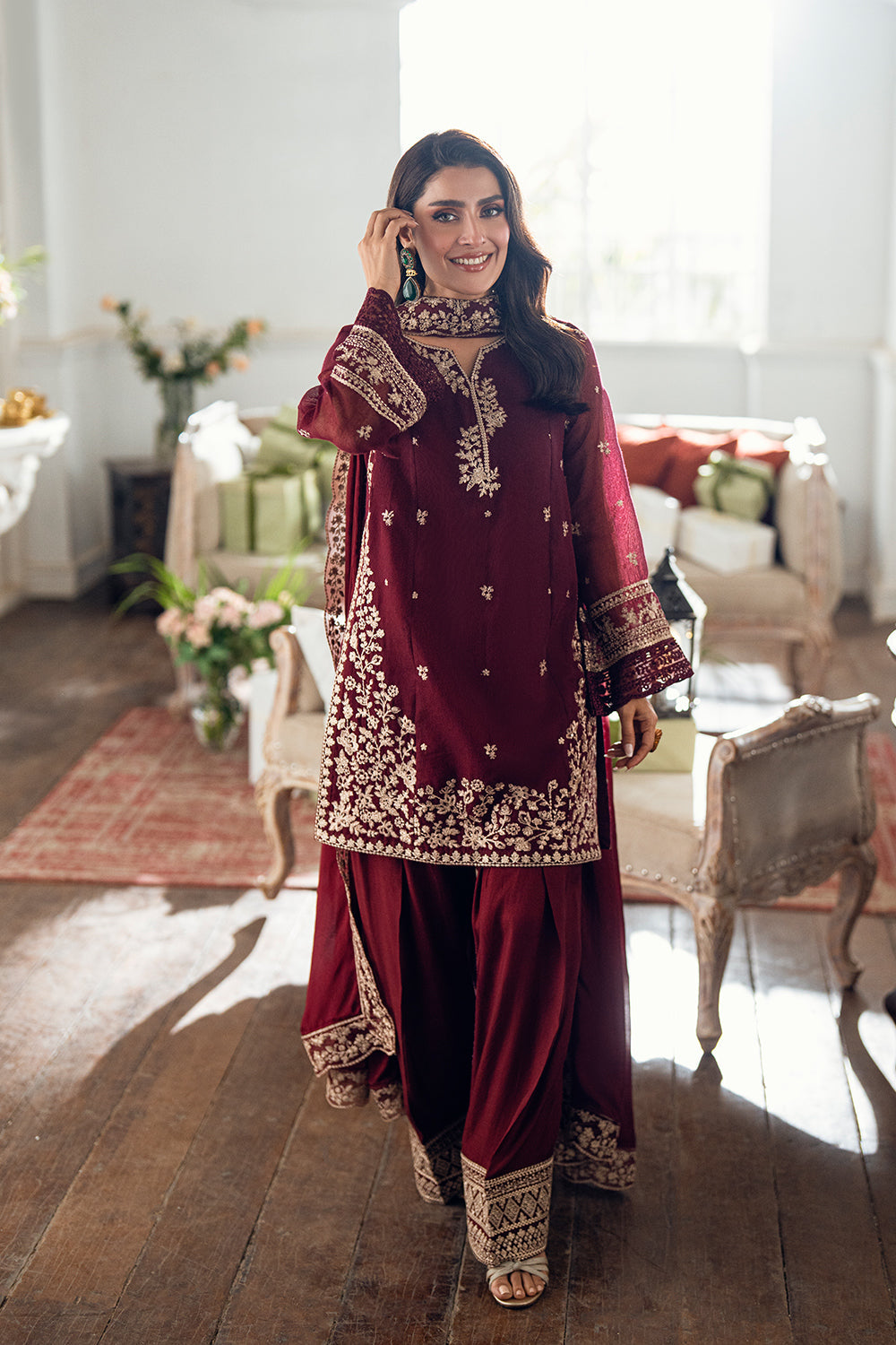 Elegant Burgundy Khadi Net Pakistani Party Dress with Dupatta