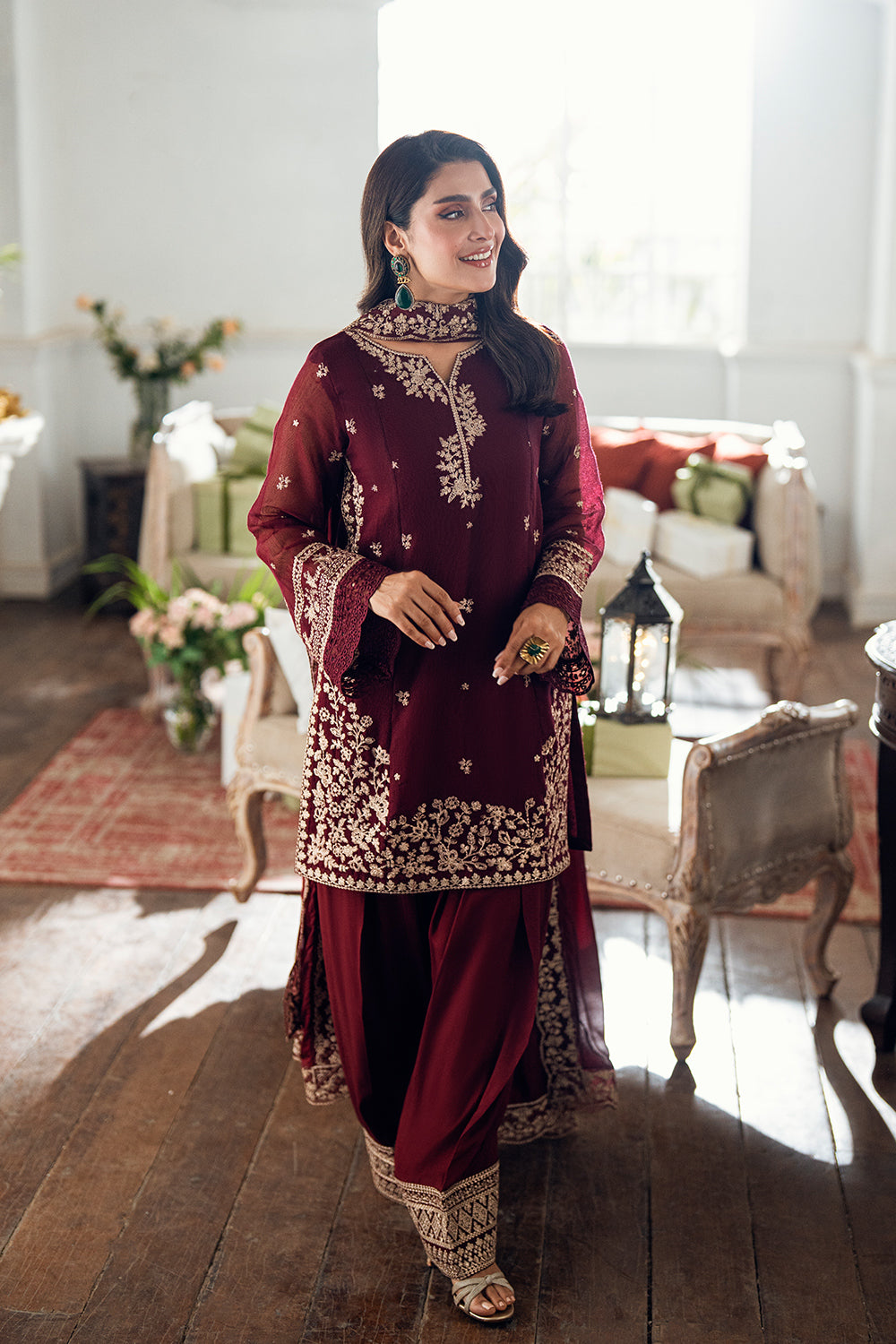 Elegant Burgundy Khadi Net Pakistani Party Dress with Dupatta