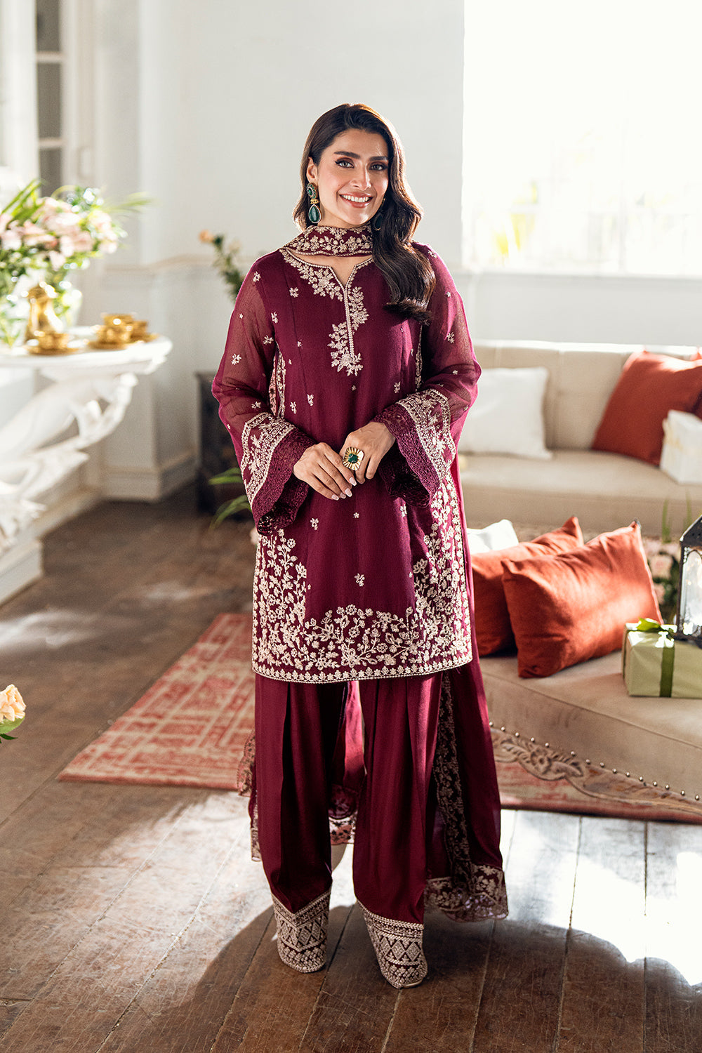 Elegant Burgundy Khadi Net Pakistani Party Dress with Dupatta
