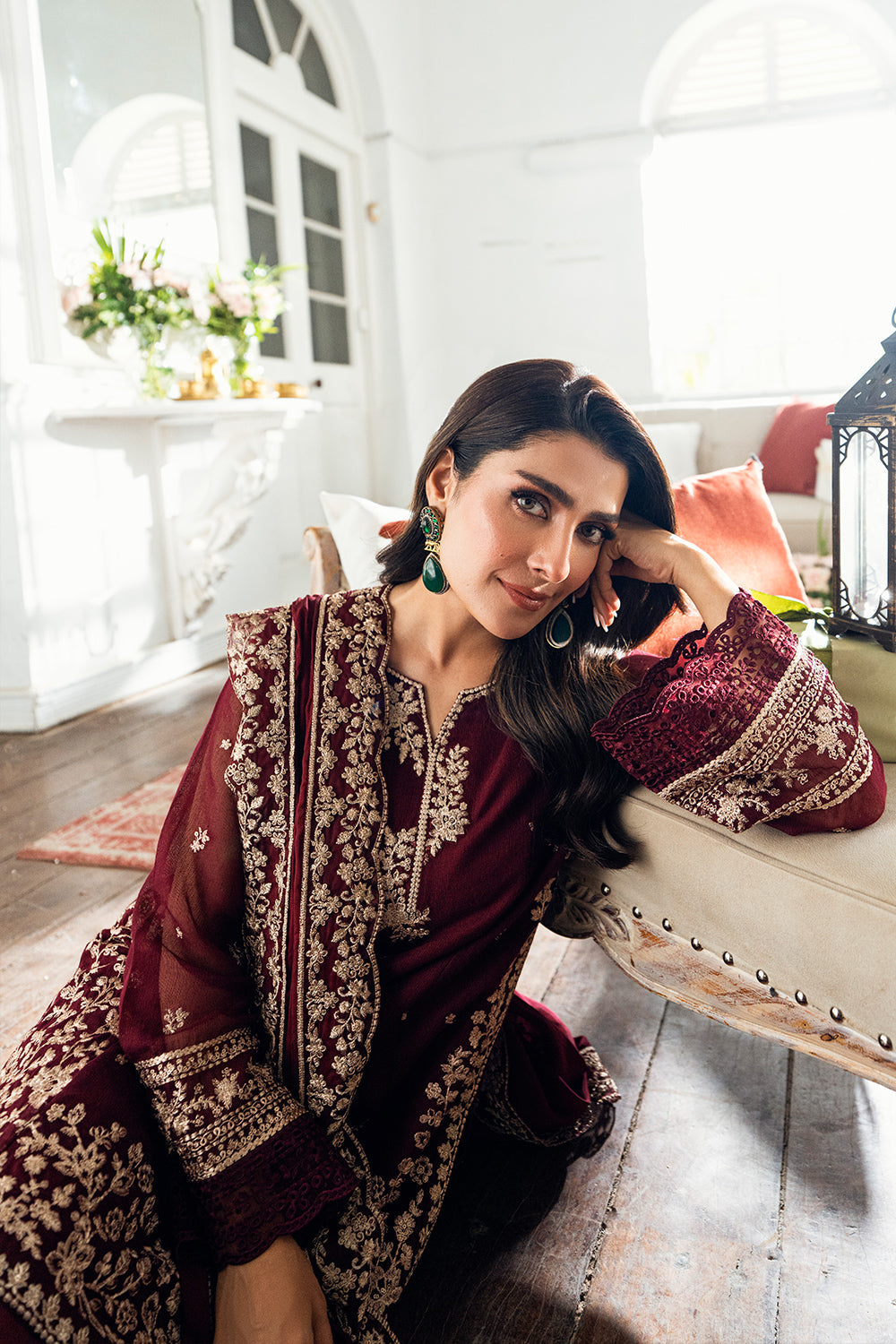 Elegant Burgundy Khadi Net Pakistani Party Dress with Dupatta