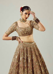 Beautiful Golden Lehenga Choli with Maroon Dupatta for Wedding