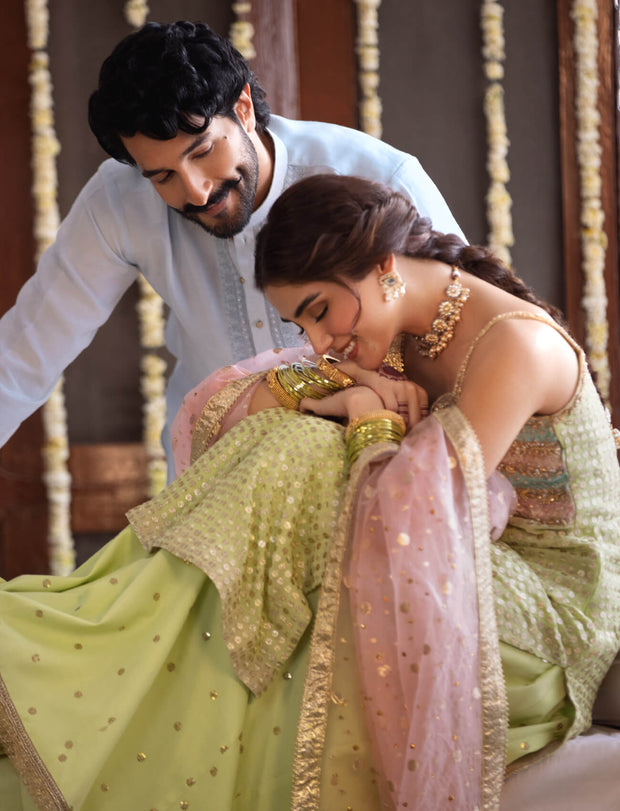 Beautiful Lime Sharara Kameez Embellished Pakistani Wedding Dress