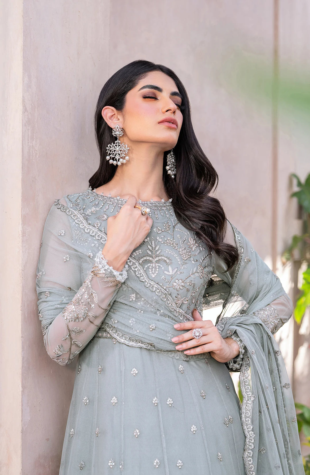 Beautiful Pakistani Party Dress in Frock Style Grey Color