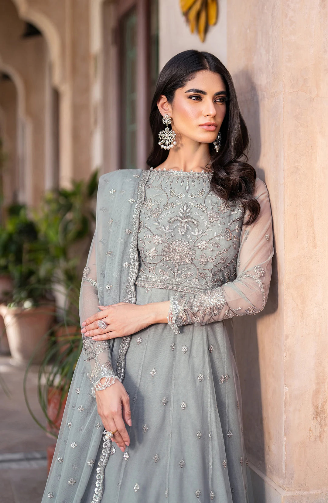 Beautiful Pakistani Party Dress in Frock Style Grey Color