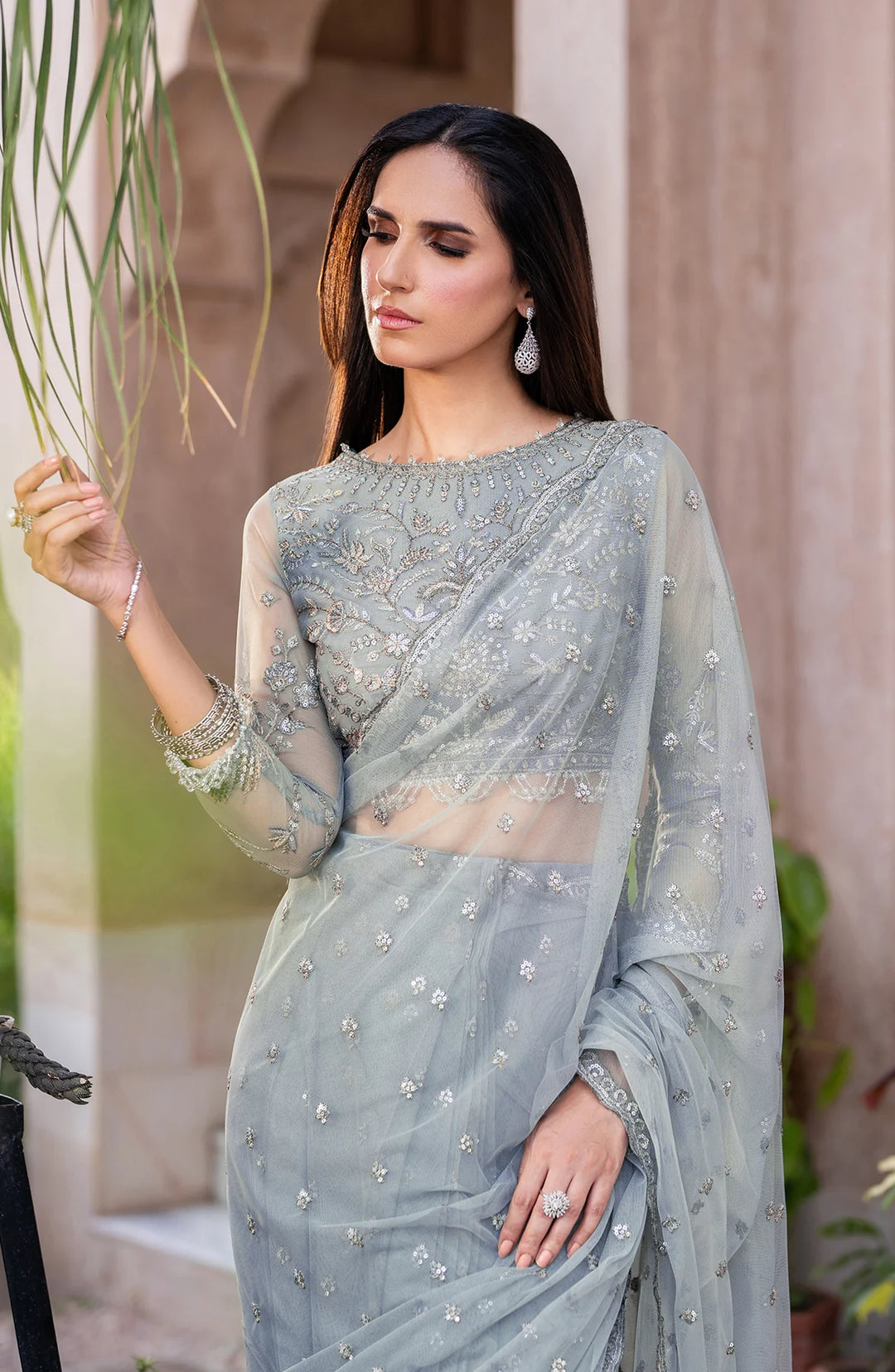 Beautiful Pakistani Party Dress in Frock Style Grey Color