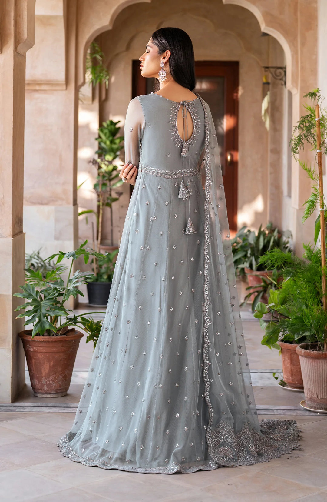 Beautiful Pakistani Party Dress in Frock Style Grey Color