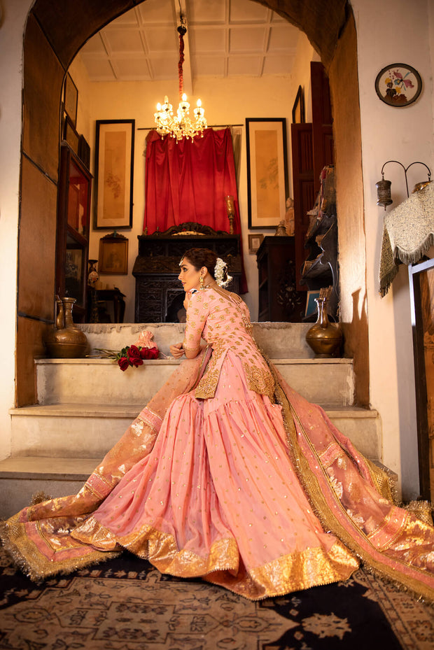  Bautiful Rose Pink Gharar Kameez Embellished Pakistani Wedding Dress