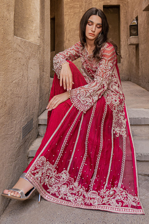 Beautifull Red Pakistani Handwork Kameez and Crushed Trouser Dupatta
