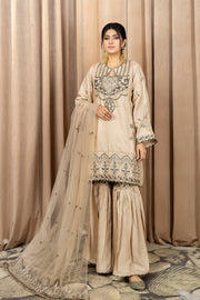 Beige Embroidered Pakistani Salwar Kameez in Sharara Style Party Dress