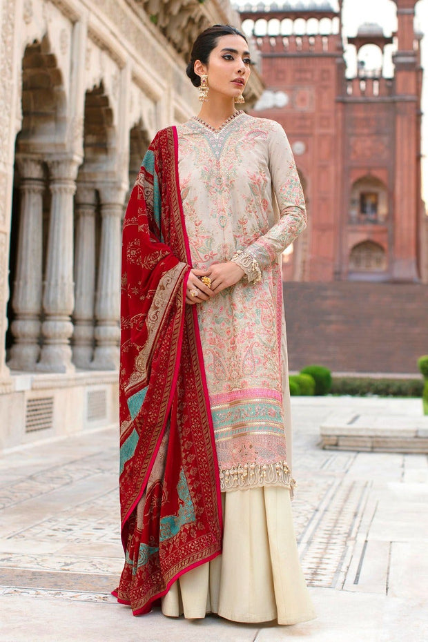 Beige Heavily Embellished Pakistani Kameez Salwar Suit Red Dupatta
