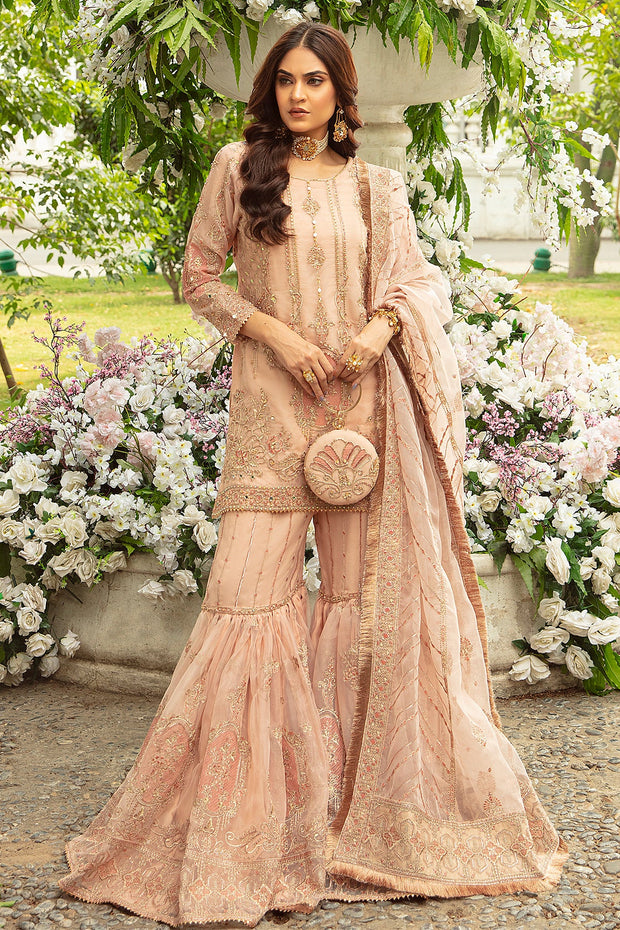 Beige Peach Heavily Embellished Kameez Sharara Pakistani Wedding Dress