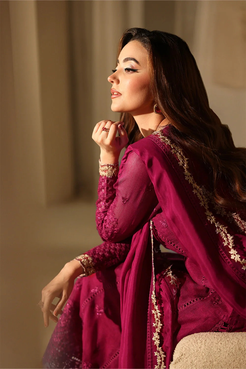 Elegant Berry Sequin Embroidered Khaddi Net Pakistani Party Dress