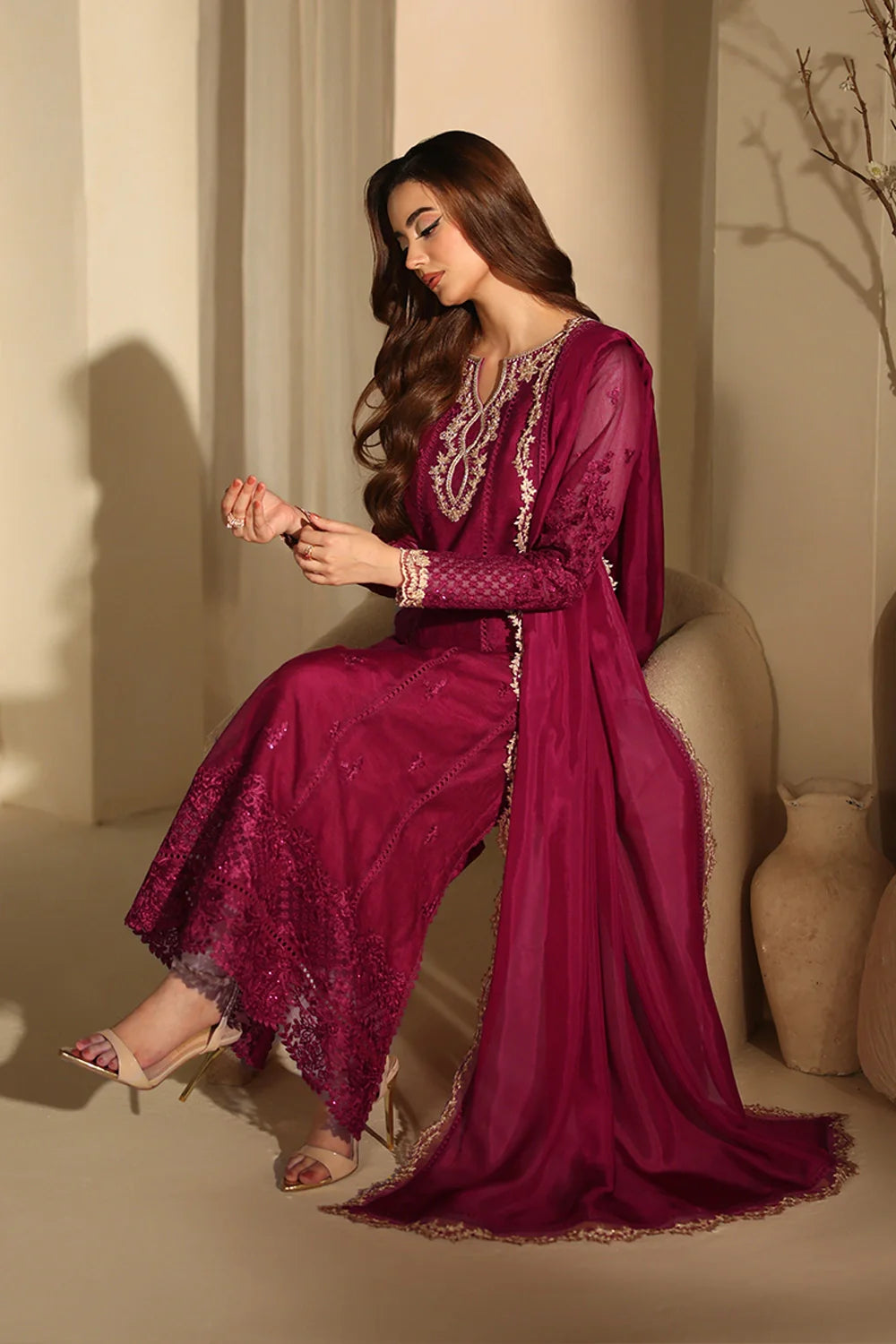 Elegant Berry Sequin Embroidered Khaddi Net Pakistani Party Dress