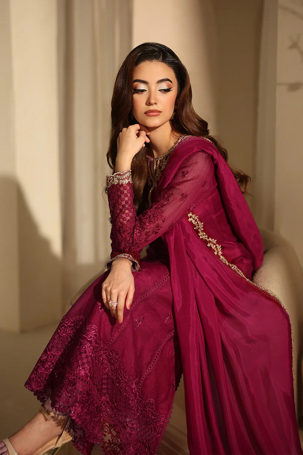 Elegant Berry Sequin Embroidered Khaddi Net Pakistani Party Dress