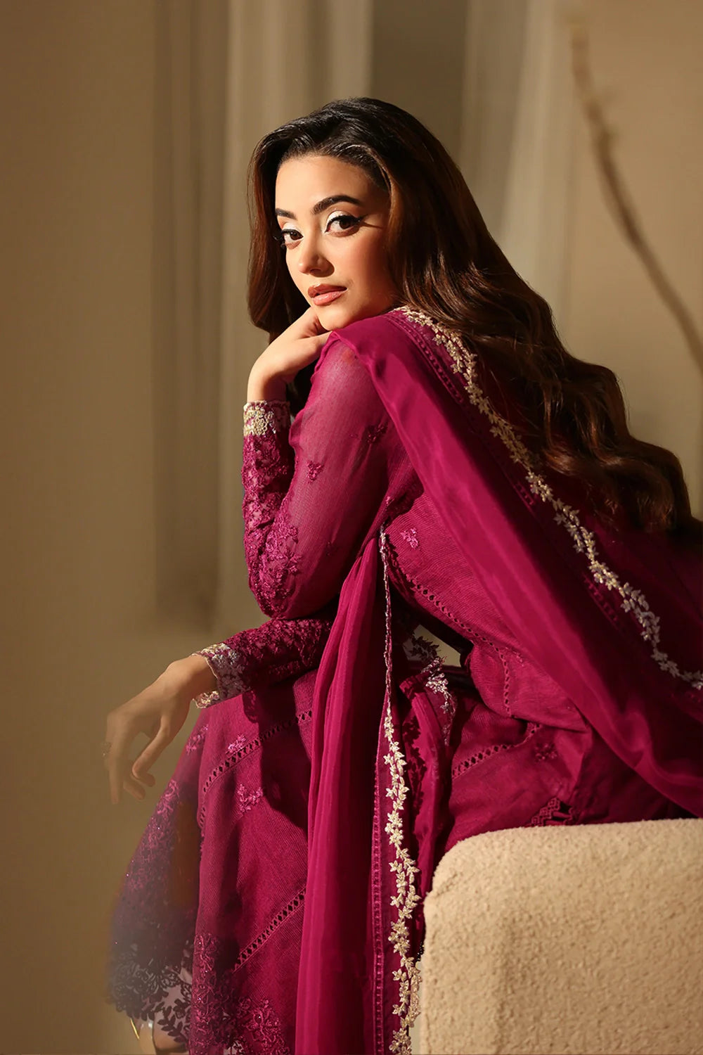 Elegant Berry Sequin Embroidered Khaddi Net Pakistani Party Dress