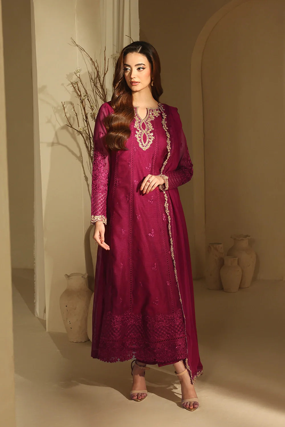 Elegant Berry Sequin Embroidered Khaddi Net Pakistani Party Dress
