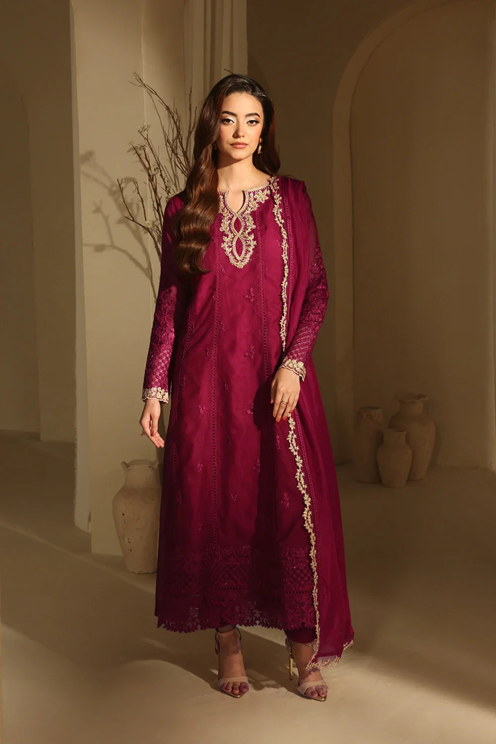 Elegant Berry Sequin Embroidered Khaddi Net Pakistani Party Dress