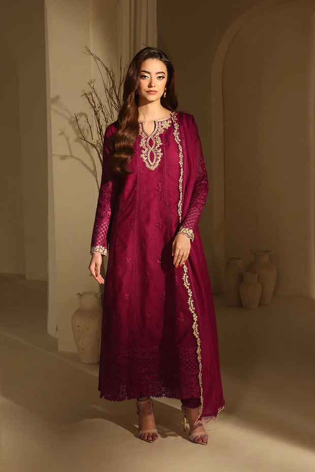 Elegant Berry Sequin Embroidered Khaddi Net Pakistani Party Dress – Nameera  by Farooq