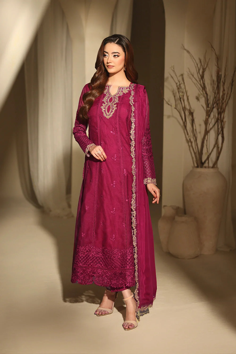 Elegant Berry Sequin Embroidered Khaddi Net Pakistani Party Dress