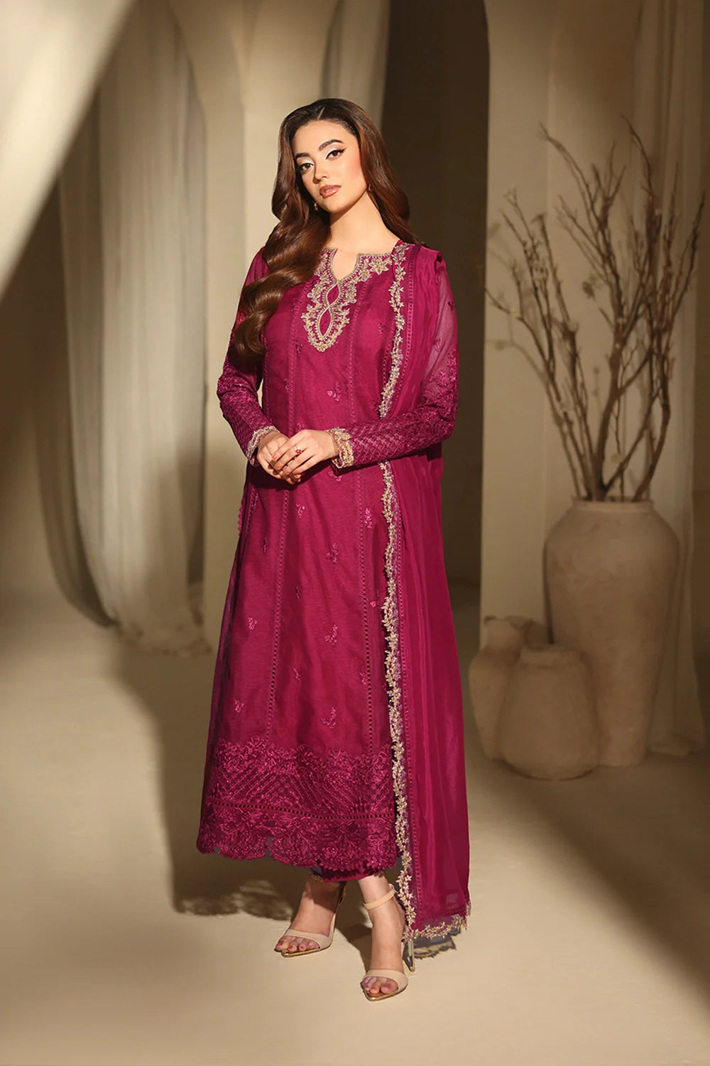 Elegant Berry Sequin Embroidered Khaddi Net Pakistani Party Dress