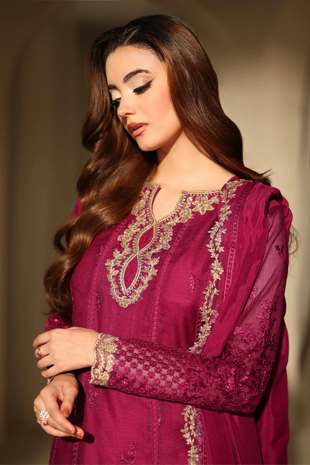 Elegant Berry Sequin Embroidered Khaddi Net Pakistani Party Dress
