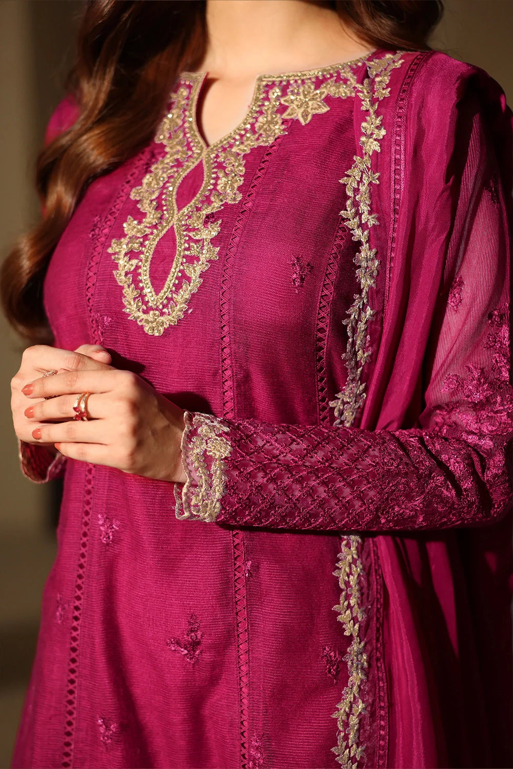 Elegant Berry Sequin Embroidered Khaddi Net Pakistani Party Dress